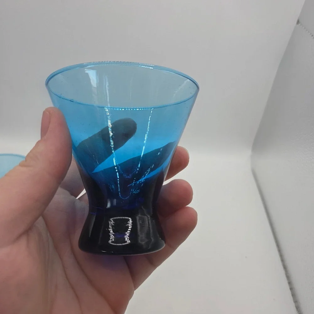 Vintage Cobalt Blue Flared Glass Shot Cordial Glasses Set of 2 Weighted Base